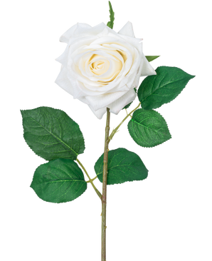 Den kunstige rose "Emine" Real Touch White 43 cm har en enkelt hvid rose med lagdelte kronblade og grønne blade på en lang stilk, mod en almindelig hvid baggrund.