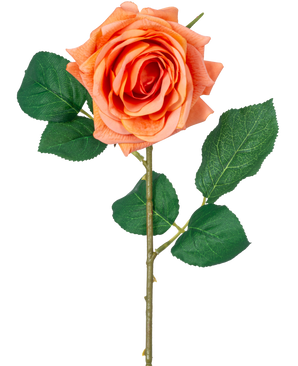Artificial Flower Crystal Touch fugtgivende rose har en Real Touch orange blomst med grønne blade og en 43 cm lang stilk, mod en almindelig hvid baggrund.