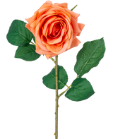 Artificial Flower Crystal Touch fugtgivende rose har en Real Touch orange blomst med grønne blade og en 43 cm lang stilk, mod en almindelig hvid baggrund.