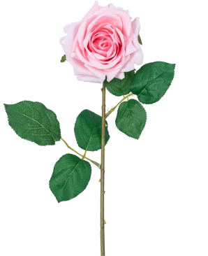 Artificial Rose "Emine" Real Touch Pink 43cm er en enkelt lys pink kunstig rose med lagdelte kronblade, grønne blade og en lang stilk, mod en hvid baggrund.