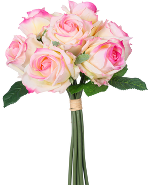 Artificial Rose Bouquet 7 Roses Real Touch Cream/Pink 30 cm har syv cremefarvede og lyserøde kunstige roser med grønne blade og lange stængler, bundet med et brunt bånd og afbildet på en hvid baggrund.