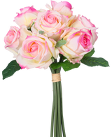 Artificial Rose Bouquet 7 Roses Real Touch Cream/Pink 30 cm har syv cremefarvede og lyserøde kunstige roser med grønne blade og lange stængler, bundet med et brunt bånd og afbildet på en hvid baggrund.
