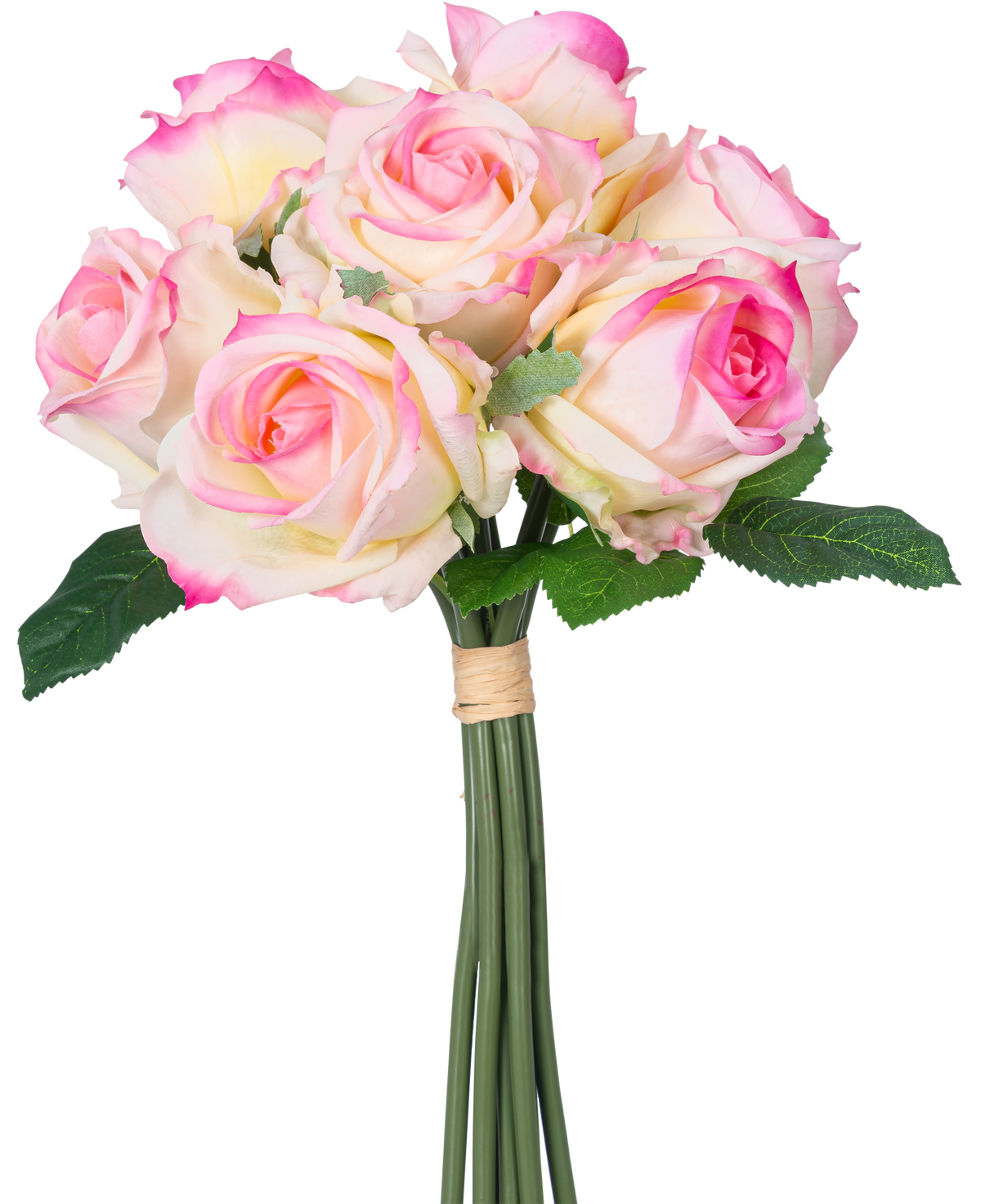 Artificial Rose Bouquet 7 Roses Real Touch Cream/Pink 30 cm har syv cremefarvede og lyserøde kunstige roser med grønne blade og lange stængler, bundet med et brunt bånd og afbildet på en hvid baggrund.