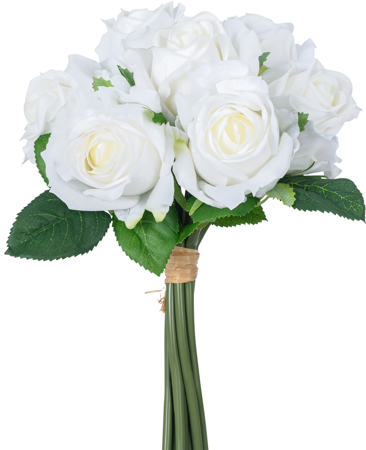 Den Kunstige Rose Bouquet 7 Roses Real Touch White 30 cm har en buket af hvide kunstige roser med grønne blade, stænglerne bundet af et brunt gummibånd, afbildet mod en almindelig hvid baggrund.