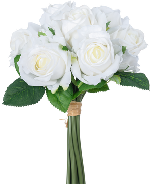 Den Kunstige Rose Bouquet 7 Roses Real Touch White 30 cm har en buket af hvide kunstige roser med grønne blade, stænglerne bundet af et brunt gummibånd, afbildet mod en almindelig hvid baggrund.