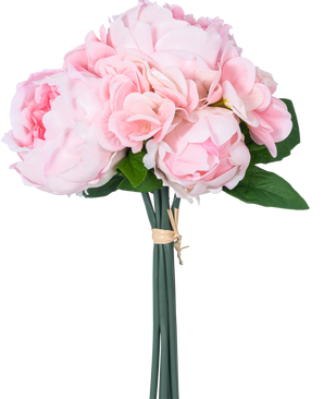 The Artificial Bouquet Mix Flowers Real Touch Pink 30 cm har lyserøde kunstige pæoner og hortensia med grønne blade, bundet sammen med brunt reb, mod en almindelig hvid baggrund.