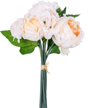 En kunstig buket mix blomster Real Touch Champagne 30 cm har naturtro lyserøde og ferskenfarvede kunstige blomster med grønne blade og lotusknopper, bundet med reb mod en hvid baggrund.