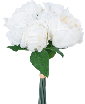 The Artificial Bouquet mix blomster Real Touch White 30 cm har naturtro hvide blomster og grønne blade, elegant pakket ind med et bånd og mod en almindelig hvid baggrund.