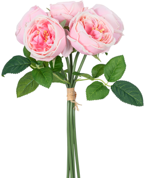 Den kunstige rosenbuket "Carmen" Real Touch Pink 36 cm har lyserøde pæoner med grønne blade, bundet sammen med brunt reb.