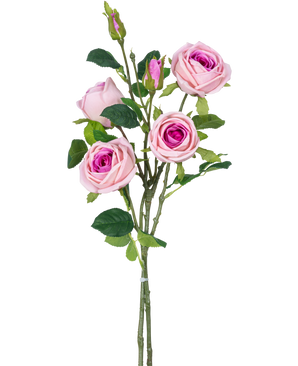 Den kunstige rosengren dobbelt Real Touch pink 80 cm har flere kunstige lyserøde roser og rosenknopper med grønne blade på en stilk, mod en almindelig hvid baggrund.