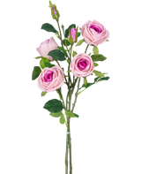 Den kunstige rosengren dobbelt Real Touch pink 80 cm har flere kunstige lyserøde roser og rosenknopper med grønne blade på en stilk, mod en almindelig hvid baggrund.