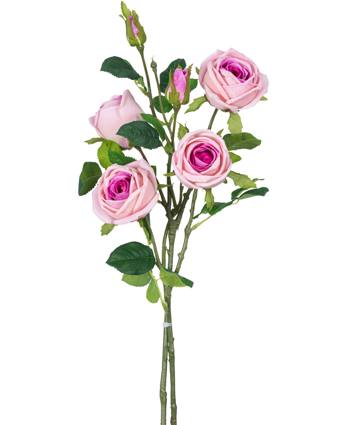 Den kunstige rosengren dobbelt Real Touch pink 80 cm har flere kunstige lyserøde roser og rosenknopper med grønne blade på en stilk, mod en almindelig hvid baggrund.