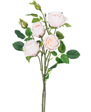 Den kunstige rosengren dobbelt Real Touch lys pink 80cm har en stilk med tre fuldt blomstrede lys pink roser, to rosenknopper og flere grønne blade mod en hvid baggrund.