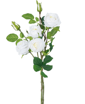 Den kunstige rosengren dobbelt Real Touch hvid 80cm har en stilk med tre blomstrende hvide kunstige roser, grønne blade og rosenknopper mod en almindelig hvid baggrund.