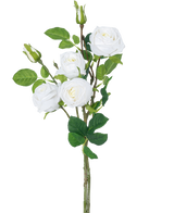 Den kunstige rosengren dobbelt Real Touch hvid 80cm har en stilk med tre blomstrende hvide kunstige roser, grønne blade og rosenknopper mod en almindelig hvid baggrund.