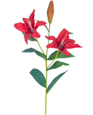 Artificial Flower Lily Real Touch rød 95 cm har en stilk med to åbne røde liljeblomster, en lukket knop og flere grønne blade, alt sammen mod en hvid baggrund.