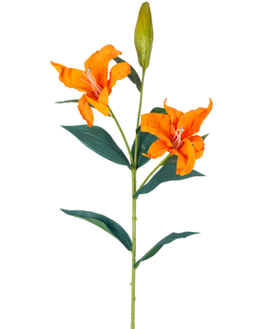 Artificial Flower Lily Real Touch orange 95 cm har en enkelt stilk med to åbne orange liljer, en lukket knop i toppen og lange, smalle grønne blade, alt sammen mod en hvid baggrund.