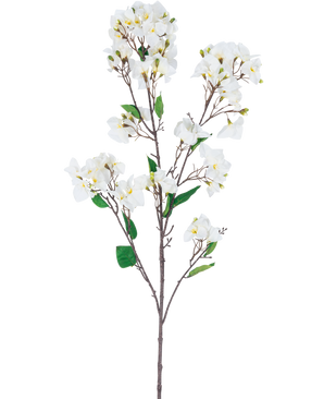 Den kunstige blomst Bougainvillea 120 cm hvid er en kunstig blomsterstængel med flere brune grene, grønne blade og klaser af hvide blomster med gule centre, afbildet på en hvid baggrund.