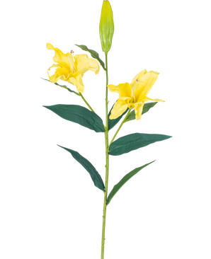 Artificial Flower Lily Real Touch Yellow 95 cm har en enkelt stilk med to åbne gule liljeblomster, en lukket knop i toppen og lange grønne blade, alt sammen mod en almindelig hvid baggrund.