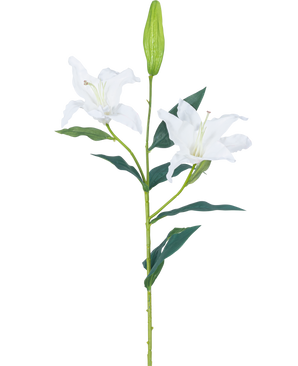 Artificial Flower Lily Real Touch hvid 95 cm har en enkelt grøn stilk med to åbne hvide liljeblomster, mørkegrønne blade og en lukket knop, mod en almindelig hvid baggrund.