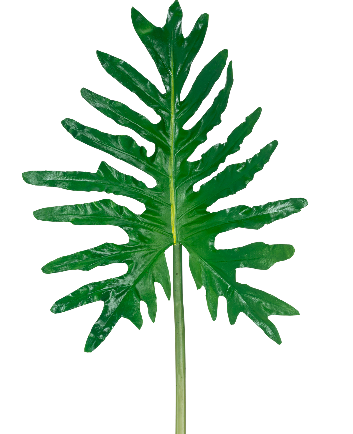 Artificial Leaf Philodendron 90cm har ét stort grønt flækket blad med dybe flige og en lang stilk, mod en almindelig hvid baggrund.