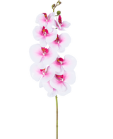 Artificial Orchid Real Touch Deluxe 105 cm pink/hvid har en enkelt pink kunstig phalaenopsis stilk med hvide accenter, realistiske silkeblomster og knopper, alt elegant vist på en hvid baggrund.