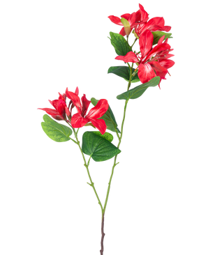 Den Kunstige Blomst Rhododendron 85 cm lyserød er en kunstig stilk med grønne blade og to bundter lyserøde og hvide blomster på hvid baggrund.