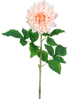 Kunst Georgine Real Touch Light Pink 70 cm har en enkelt lys pink dahlia med lagdelte kronblade og et gult hjerte på en lang grøn stilk med flere store, takkede grønne blade.