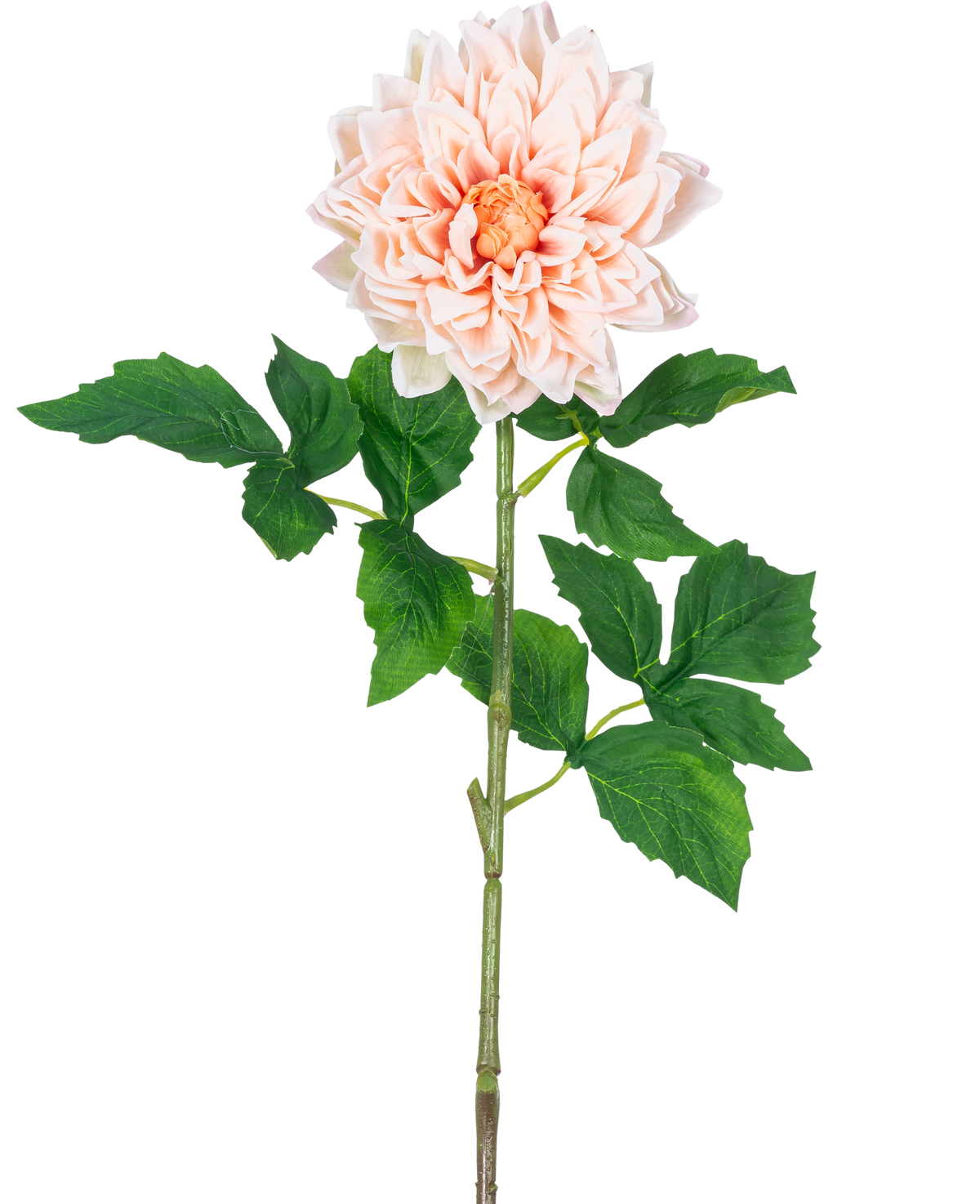 Kunst Georgine Real Touch Light Pink 70 cm har en enkelt lys pink dahlia med lagdelte kronblade og et gult hjerte på en lang grøn stilk med flere store, takkede grønne blade.