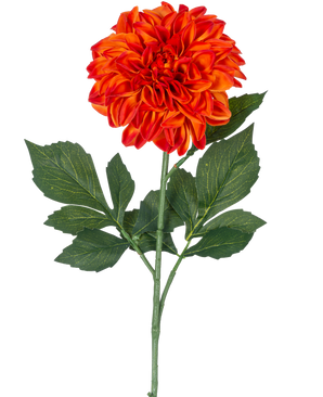 En enkelt kunstig blomst Dahlia Real Touch Orange, 72 cm høj, har levende orange og røde lagdelte kronblade med grønne blade mod en almindelig hvid baggrund.