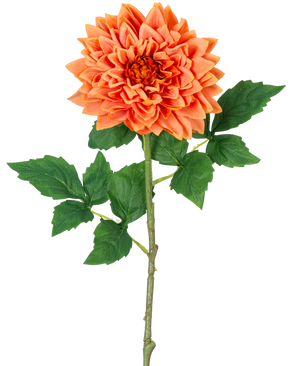 En enkelt Kunst Georgine Real Touch orange 70 cm stilk har lagdelte orange dahlia kronblade og grønne blade, mod en hvid baggrund.
