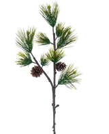 Artificial Branch Black Pine 100 cm grøn har lange, slanke grønne fyrrenåle og to brune fyrrekogler mod en almindelig hvid baggrund.