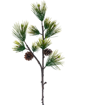 Artificial Branch Black Pine 100 cm grøn har lange, slanke grønne fyrrenåle og to brune fyrrekogler mod en almindelig hvid baggrund.