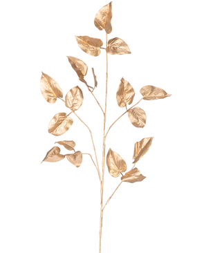 Art Branch Salal 95 cm guld har en enkelt guldmalet gren med flere blade på en almindelig hvid baggrund.