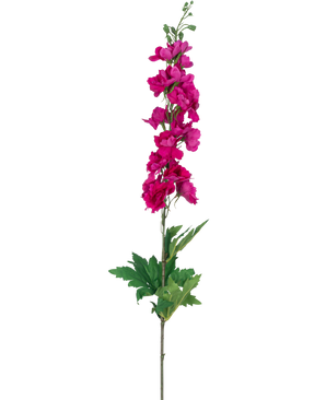 En enkelt kunstig blomst Larkspur Real Touch pink, 90 cm høj med flere lyserøde blomster langs den øverste stilk og grønne blade ved bunden, afbilledet på en hvid baggrund.