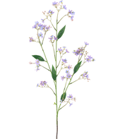 Artificial Branch Daphne Spray 108 cm lilla har en lang grøn stilk med flere grene, hver dekoreret med små lilla blomster og grønne blade, mod en almindelig hvid baggrund.