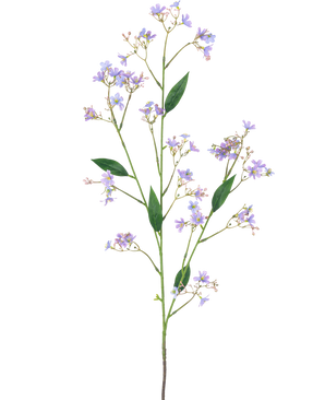 Artificial Branch Daphne Spray 108 cm lilla har en lang grøn stilk med flere grene, hver dekoreret med små lilla blomster og grønne blade, mod en almindelig hvid baggrund.