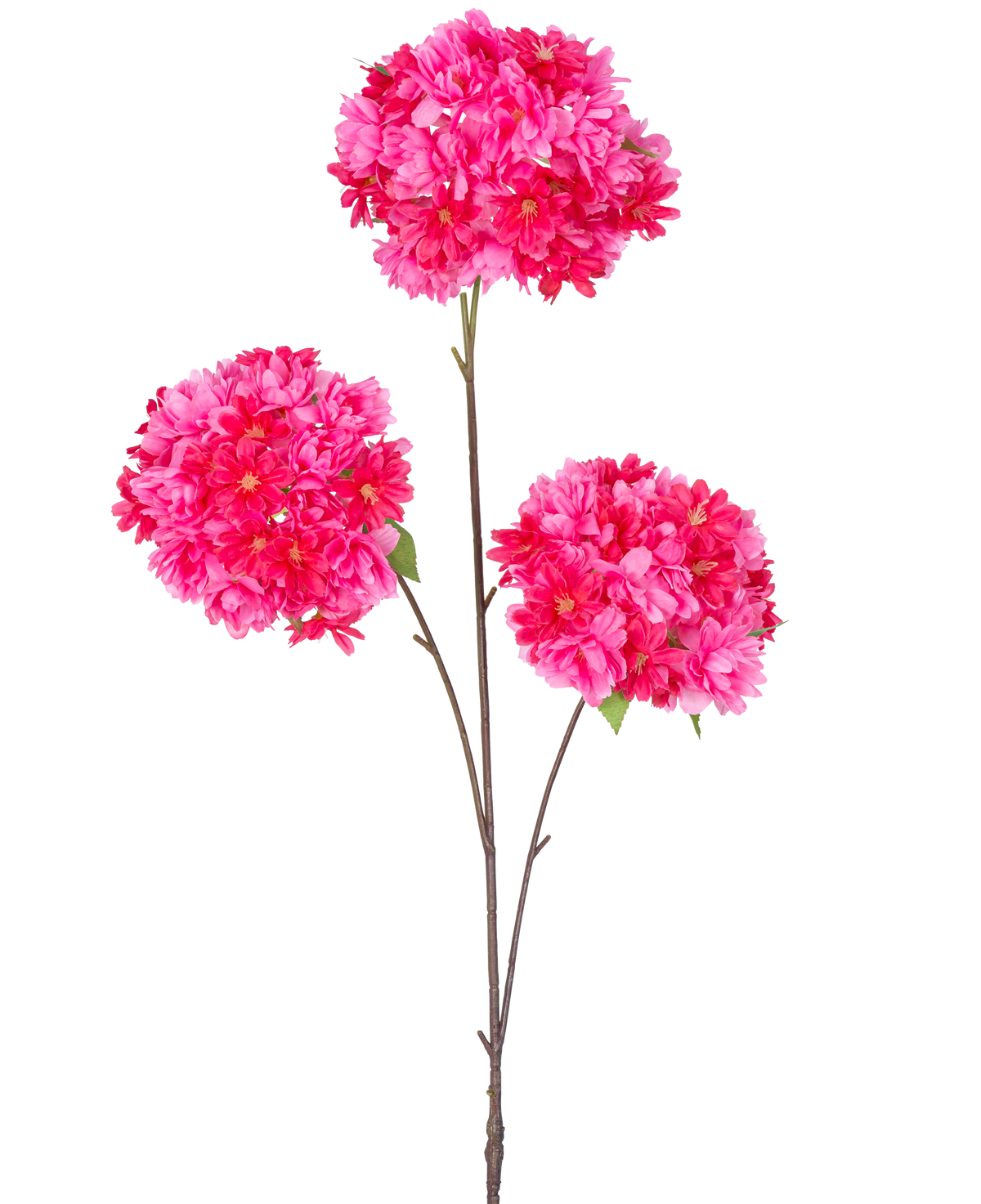 The Artificial Branch Cherry Blossom 85 cm pink har en enkelt stilk med tre bundter af lys pink kunstige kirsebærblomster og grønne blade på slanke brune grene, isoleret på en hvid baggrund.