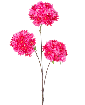 The Artificial Branch Cherry Blossom 85 cm pink har en enkelt stilk med tre bundter af lys pink kunstige kirsebærblomster og grønne blade på slanke brune grene, isoleret på en hvid baggrund.