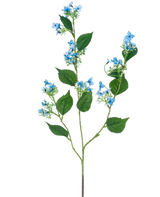 Artificial Flower Wild Hydrangea 93 cm blå har en enkelt kunstig stilk med flere grene, grønne blade og klaser af små, sarte lyseblå blomster.