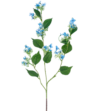 Artificial Flower Wild Hydrangea 93 cm blå har en enkelt kunstig stilk med flere grene, grønne blade og klaser af små, sarte lyseblå blomster.
