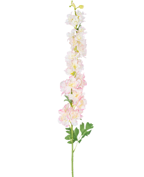 Artificial Flower Delphinium 105 cm pink er en enkelt høj kunstig stilk med lyserøde og hvide lærkesporeblomster med grønne blade, isoleret på en hvid baggrund.