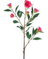 Artificial Flower Camellia 80 cm pink er en enkelt stilk med flere grene, grønne blade og flere lyserøde blomster og knopper, isoleret på en hvid baggrund.