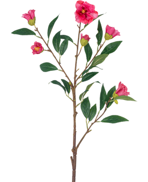 Artificial Flower Camellia 80 cm pink er en enkelt stilk med flere grene, grønne blade og flere lyserøde blomster og knopper, isoleret på en hvid baggrund.