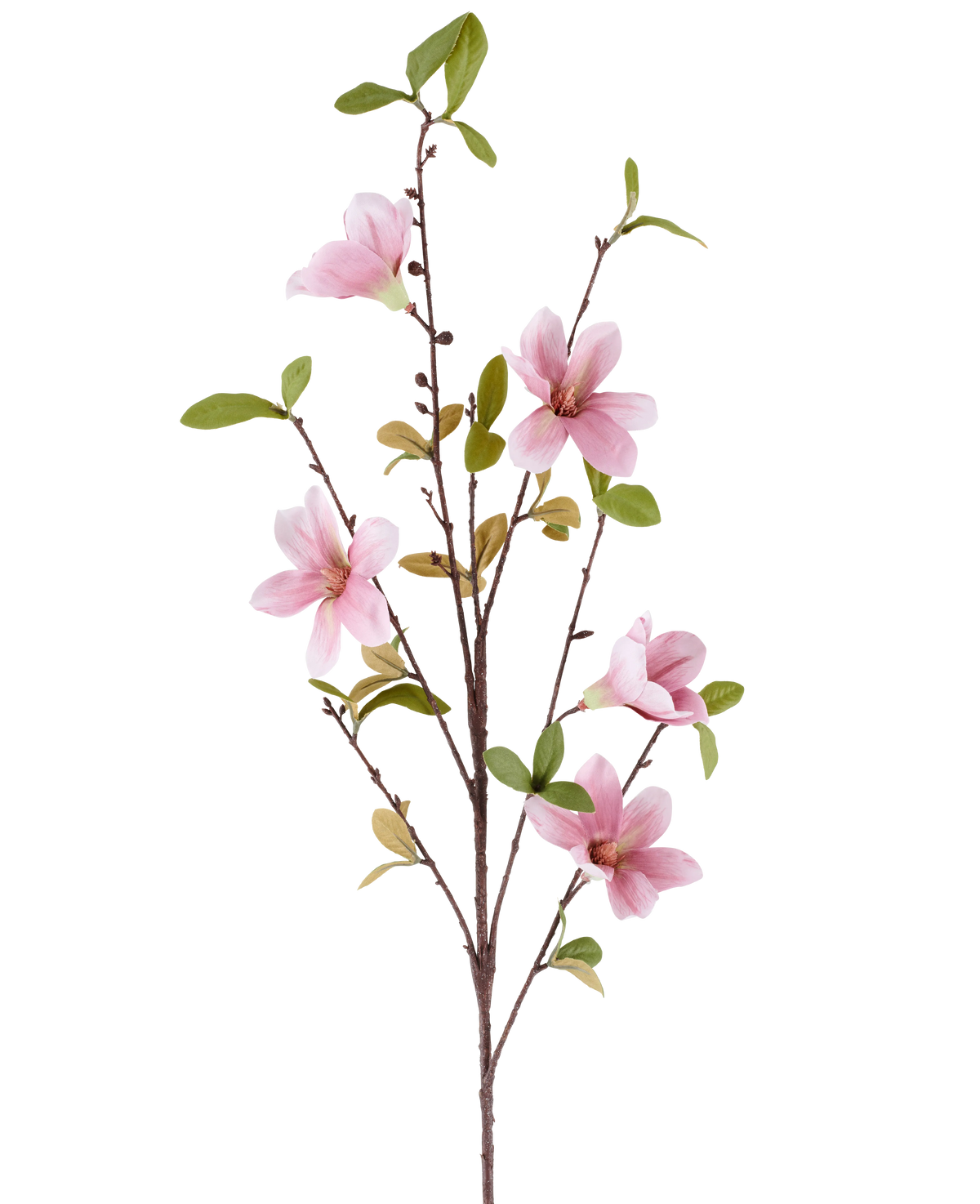 En slank Artificial Flower Magnolia gren på 94 cm i gammel pink, med flere pink magnolia blomster og grønne blade mod en hvid baggrund.