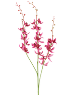 Tre stilke af den kunstige Cymbidium-blomst på 95 cm i bordeauxrød, med levende blomster og små knopper, vist mod en hvid baggrund.