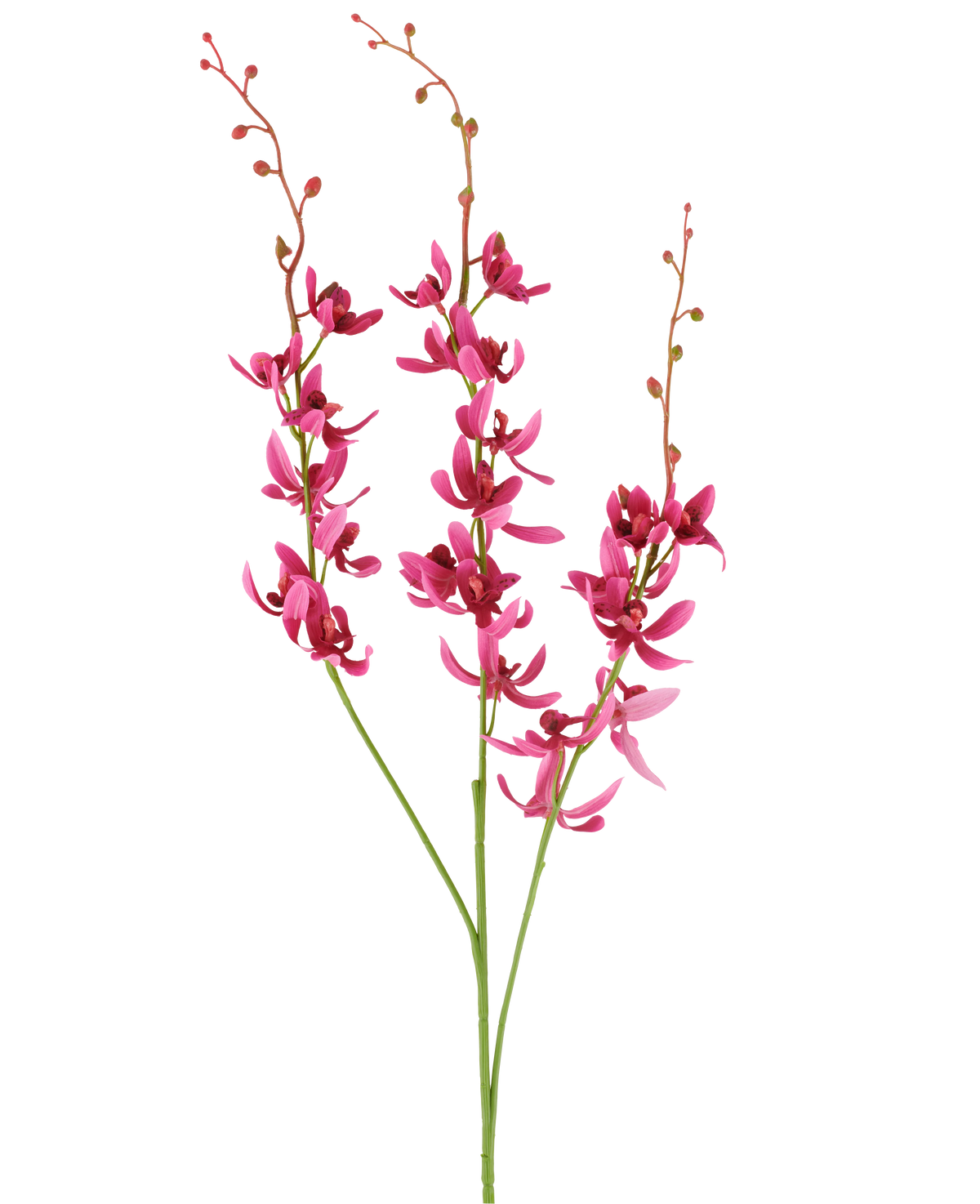 Tre stilke af den kunstige Cymbidium-blomst på 95 cm i bordeauxrød, med levende blomster og små knopper, vist mod en hvid baggrund.