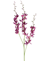 Tre lange stængler af Artificial Cymbidium-blomsten på 95 cm i levende lilla, med små grønne knopper, mod en almindelig hvid baggrund.