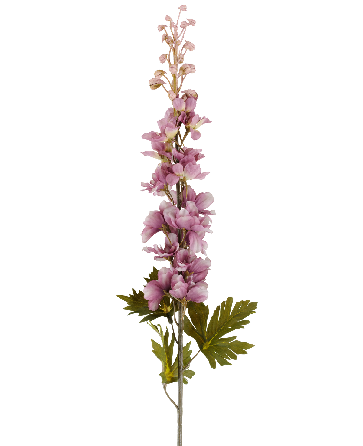 En enkelt stilk af Artificial Flower Delphinium 79 cm lilla med flere lilla-tonede lyserøde og lilla blomster, der blomstrer opad, fremhævet af grønne blade, afbilledet mod en hvid baggrund.