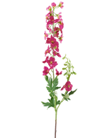 En enkelt stilk af den kunstige blomst Delphinium 79 cm mørk pink, med lyse lyserøde kunstige blomster, grønne blade og knopper, isoleret mod en hvid baggrund.